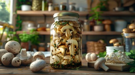 Wall Mural - Pickled mushrooms placed in a jar show off