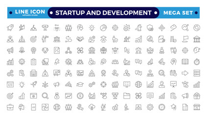  Startup and development outline icons set. Start up symbols collection. Launch, development, investment, innovation. Line icons related to the project, and startup. Editable stroke outline icon.