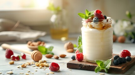 Wall Mural - Yogurt natural yogurt in a glass jar decorated picture