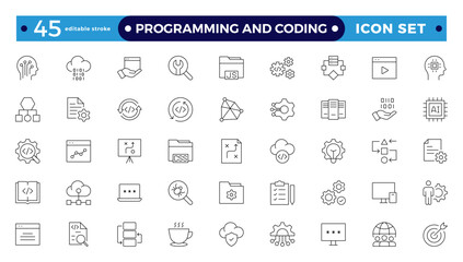 Programming coding set of web icons in line style. Software development icons for web and mobile apps. Code, API, programmer, developer, information technology, coder. Editable stroke outline icon.