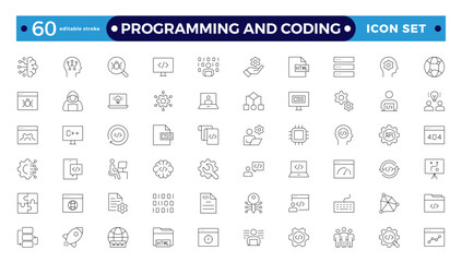 Programming coding set of web icons in line style. Software development icons for web and mobile apps. Code, API, programmer, developer, information technology, coder. Editable stroke outline icon.