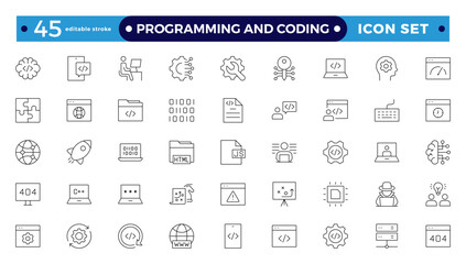 Programming coding set of web icons in line style. Software development icons for web and mobile apps. Code, API, programmer, developer, information technology, coder. Editable stroke outline icon.
