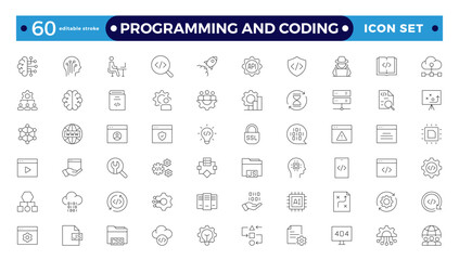 Programming coding set of web icons in line style. Software development icons for web and mobile apps. Code, API, programmer, developer, information technology, coder. Editable stroke outline icon.