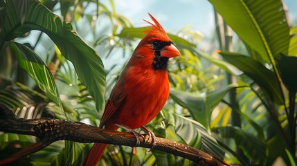 Wall Mural - A bright red cardinal with a black mask img