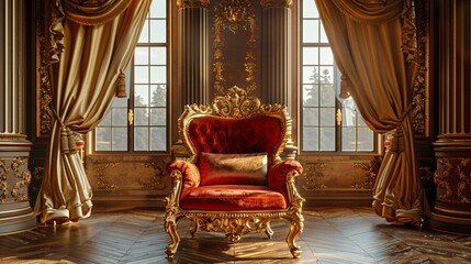 Elegant 3D render of a throne room featuring a gold royal chair, classic red armchair, and ornate golden curtains. Ideal for regal interior designs.