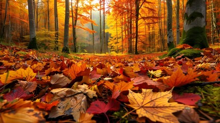 Wall Mural - Forest leaf fall in autumn when the trees image