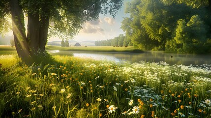 Canvas Print - Green meadow stretching along the river picture