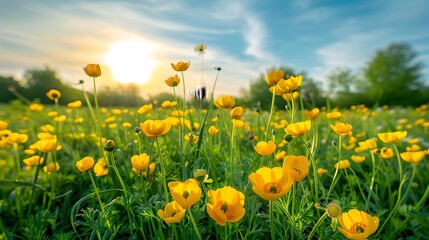 Wall Mural - Ranunculus meadow a flowering meadow of buttercups covered