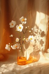 Poster - Beautiful White Flowers in a Glass Vase Casting Shadows on a Sunlit Curtain