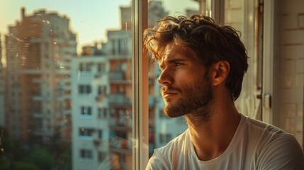 Poster - A man looks out a window. AI.