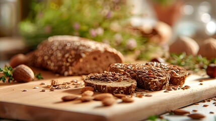 Canvas Print - Flaxseeds sprinkled on a wooden board their shiny