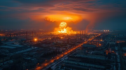 Poster - A large explosion lights up the night sky over an industrial complex. AI.