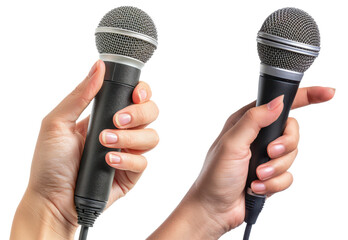 Hand holding microphone isolated on white.