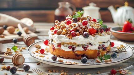 Wall Mural - Honey cake covered with thick cream and decorated image