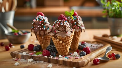 Wall Mural - Ice cream in waffle cones decorated with chocolate img