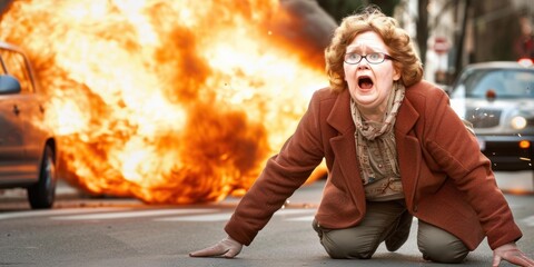 Poster - A woman cowers in fear as a car explodes behind her. AI.