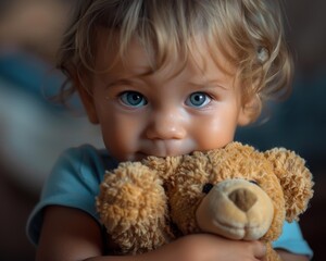 Wall Mural - A young child with blue eyes holds a toy bear. AI.