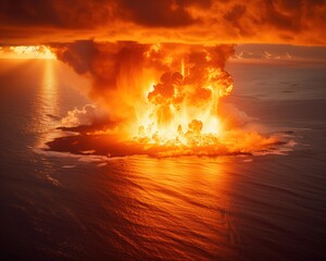 Wall Mural - a fiery eruption explodes in the ocean. ai.