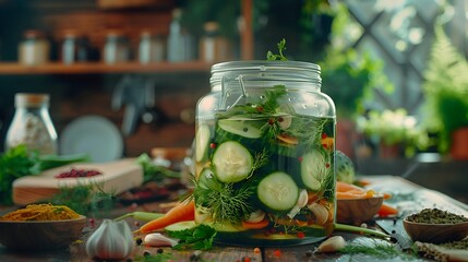 Wall Mural - Cucumbers served in a glass jar and decorated