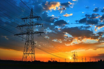 Silhouette of Power Lines and Wind Turbines Against a Sunset Sky