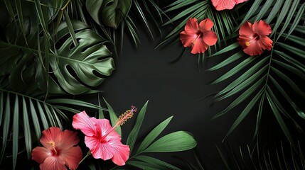 Canvas Print - Tropical Hibiscus Flowers and Lush Green Leaves on Black Background