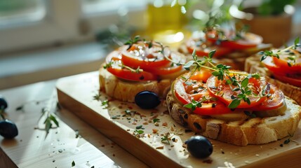 Wall Mural - Olives decorated with slices of fresh tomatoes picture