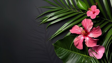 Sticker - Pink Hibiscus Flowers and Lush Green Palm Leaves on Black Background