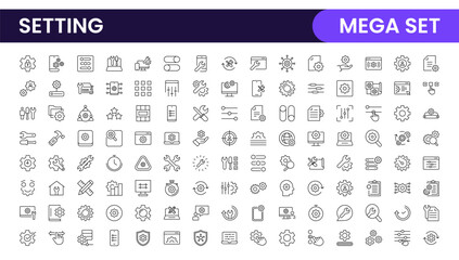 Wall Mural - Settings, icon set. Containing options, configuration, preferences, adjustments, operation, gear, control panel, equalizer, management, optimization and productivity icons.