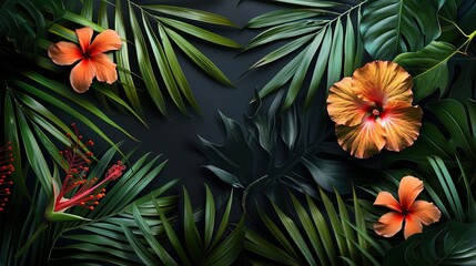 Canvas Print - Tropical Flowers and Palm Leaves on a Dark Background