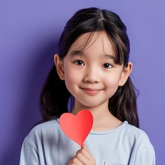 Indian happy woman holding a red heart pillow isolated on grey studio background.
