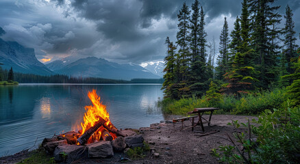 Poster - A campfire is lit on the shore of a lake, with mountains and clouds in the background