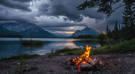 Wall Mural - A campfire is lit on the shore of a lake, with mountains and clouds in the background