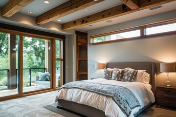 Sticker - Modern Bedroom with Wooden Beams and Large Windows