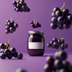 Grape jam in a glass jar on a purple background 3d rendering
