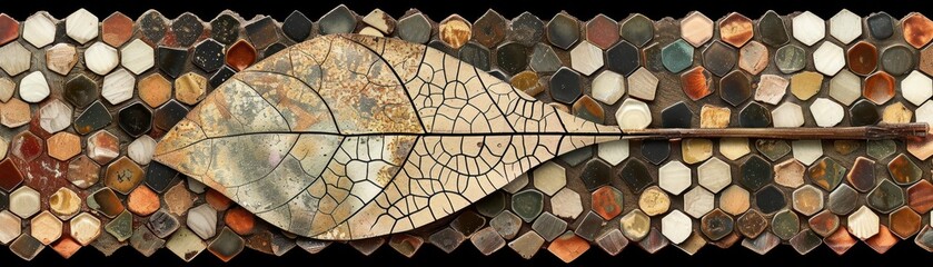 Poster - Elegant leaf art on a hexagonal mosaic background with various earthy tones