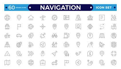 Location icon set. Containing map, map pin, gps, destination, directions, distance, pace, navigation and address icons. Navigation icons collection. Editable stroke outline icon.
