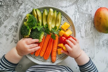 Concept of Baby-Led Weaning , top view of a baby's hands are picking up the food for eating , Train child to eat by himself Generative AI