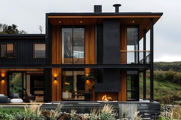 Wall Mural - A modern house with a fire pit in the yard