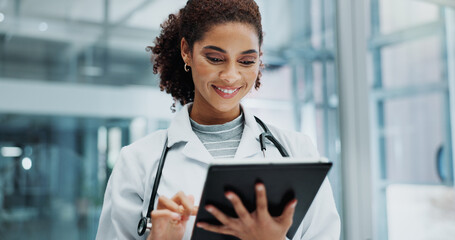 Poster - Tablet, woman and doctor with telehealth, healthcare and wellness support at hospital with tech. Digital, smile and online medical advice with clinic app for planning and web results for consultation