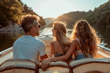 Wall Mural - Family enjoying a boat ride on a sunny day. AI.