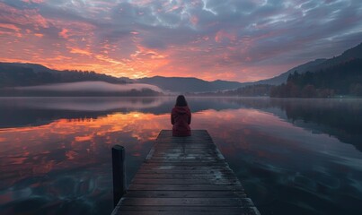 Sticker - A solitary figure sits on a wooden dock, gazing out at the serene lake and the breathtaking sky. AI.