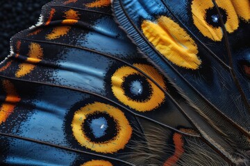 Wall Mural - Detailed close-up of a butterfly wing with intricate patterns and vibrant colors. AI.