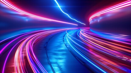 Canvas Print - Futuristic, neon abstract background with blue speed lines.
