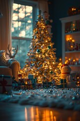 Poster - A decorated Christmas tree with lights and ornaments sits in a cozy room. AI.