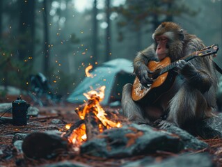 Wall Mural - A monkey plays a guitar by a campfire in the woods. AI.