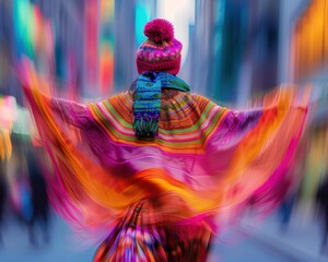 Wall Mural - A person in a colorful garment spins, creating a blur of vibrant hues. AI.