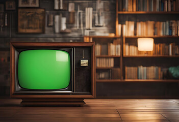 an old green screen television on a table with a bookshelf in the background. empty space and green screen, old video effect screen mockup, Vintage TV static signal transmission error transparent over