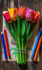 Wall Mural - A bouquet of colorful tulips and colored pencils on a wooden table. AI.