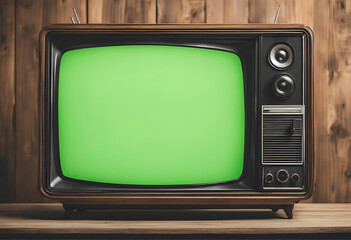 Green Screen Old TV. Vintage television with a wooden wall in the background. old video effect screen mockup, Vintage TV static signal transmission error transparent overlay vignette border