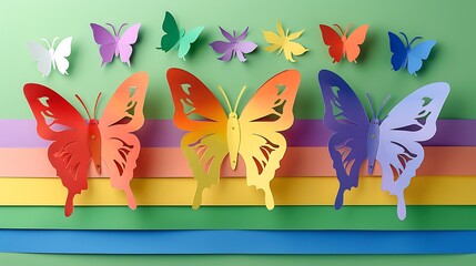 Wall Mural - horizontal banner, zero discrimination day, multicolored paper butterflies, rainbow coloring, paper 